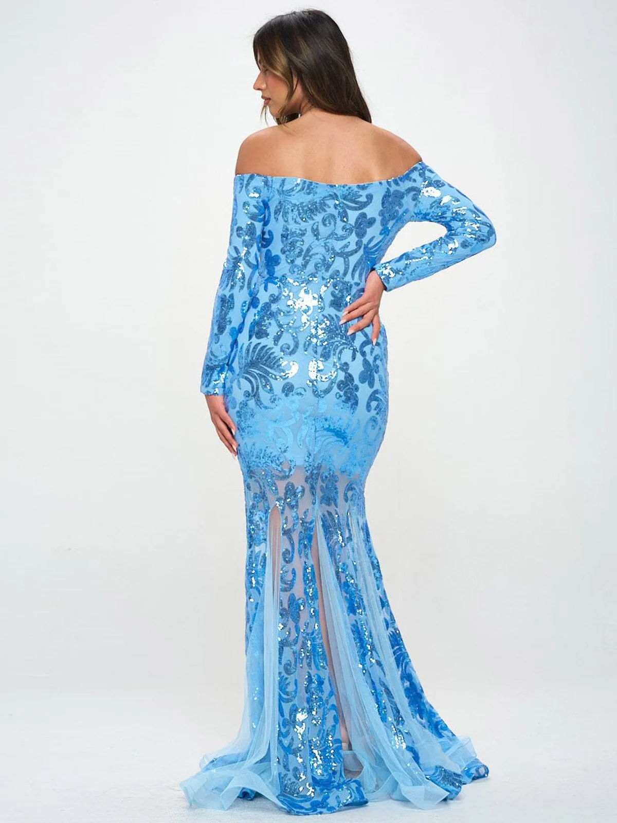 WOMEN'S LONG SLEEVE OFF SHOULDER BODYCON SEQUINS MAXI GOWN DRESS