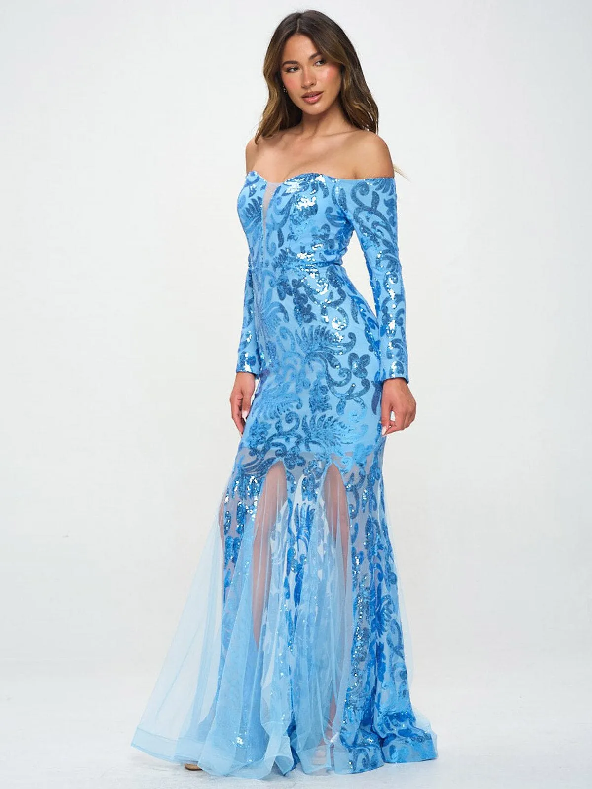 WOMEN'S LONG SLEEVE OFF SHOULDER BODYCON SEQUINS MAXI GOWN DRESS