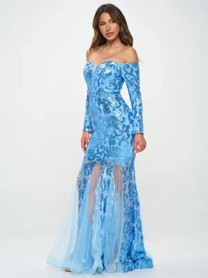 WOMEN'S LONG SLEEVE OFF SHOULDER BODYCON SEQUINS MAXI GOWN DRESS