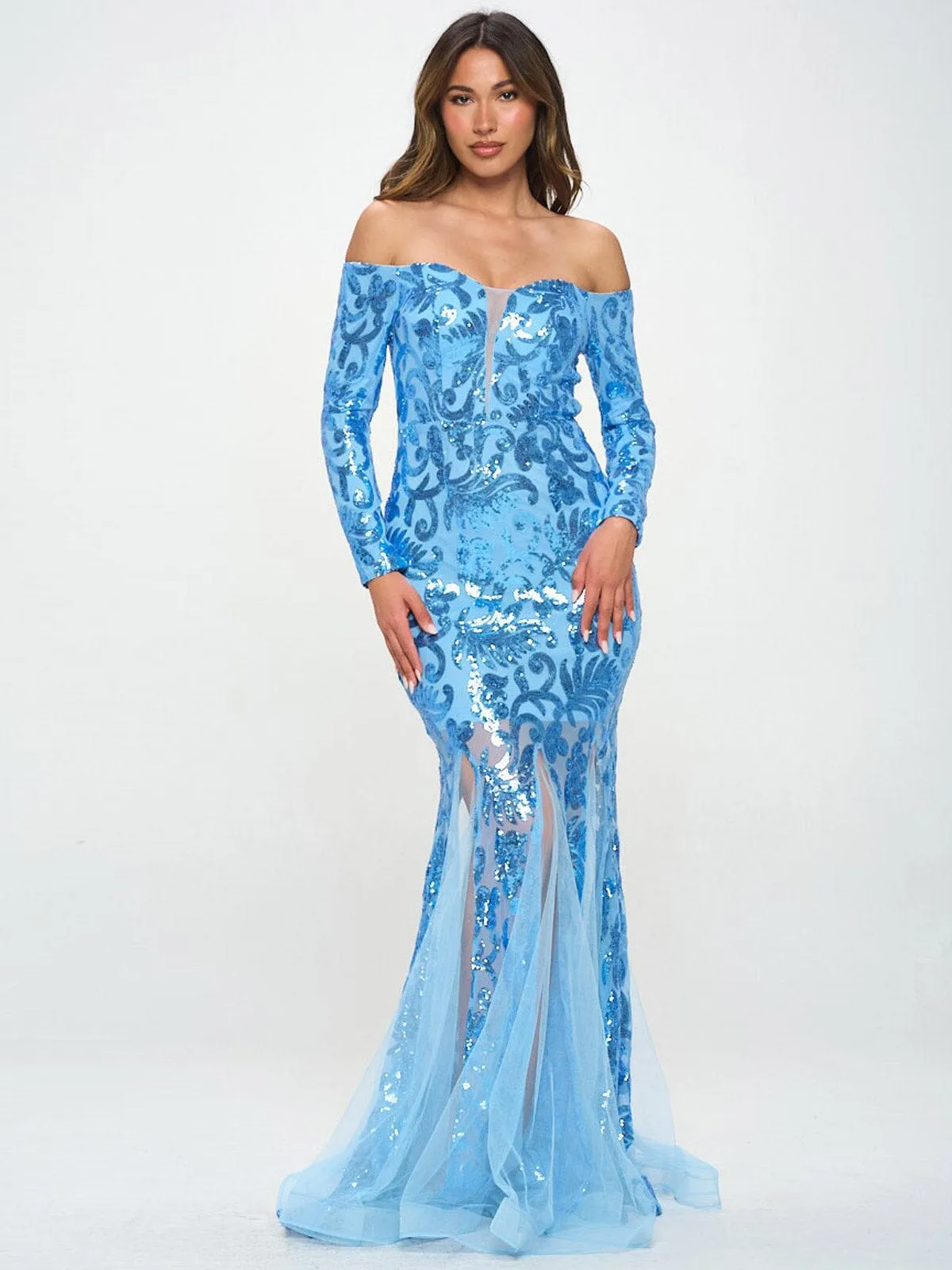 WOMEN'S LONG SLEEVE OFF SHOULDER BODYCON SEQUINS MAXI GOWN DRESS