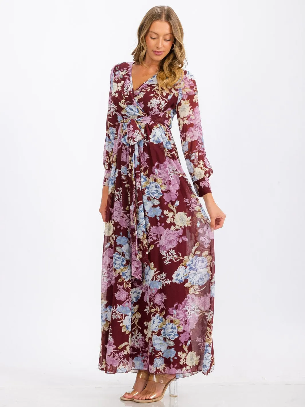 WOMEN'S LONG SLEEVE SURPLICE SELF TIE FLORAL MAXI DRESS