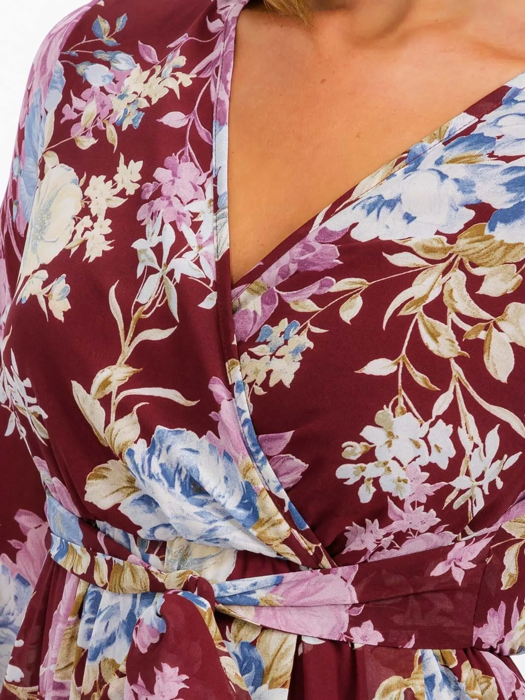 WOMEN'S LONG SLEEVE SURPLICE SELF TIE FLORAL MAXI DRESS