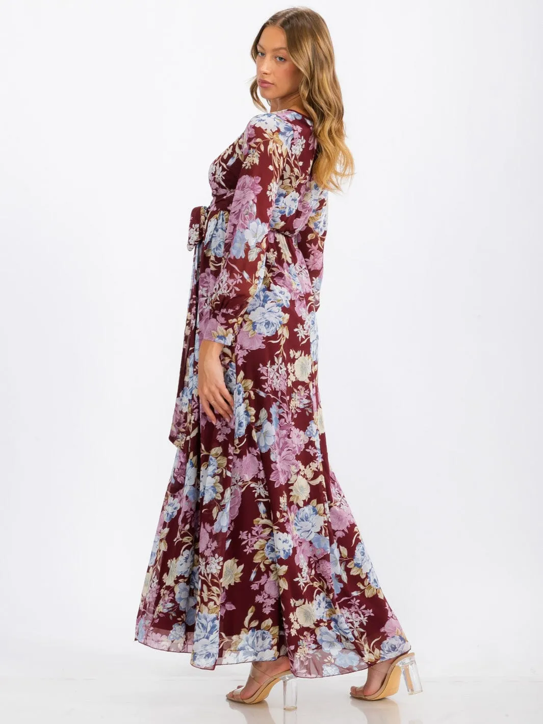 WOMEN'S LONG SLEEVE SURPLICE SELF TIE FLORAL MAXI DRESS