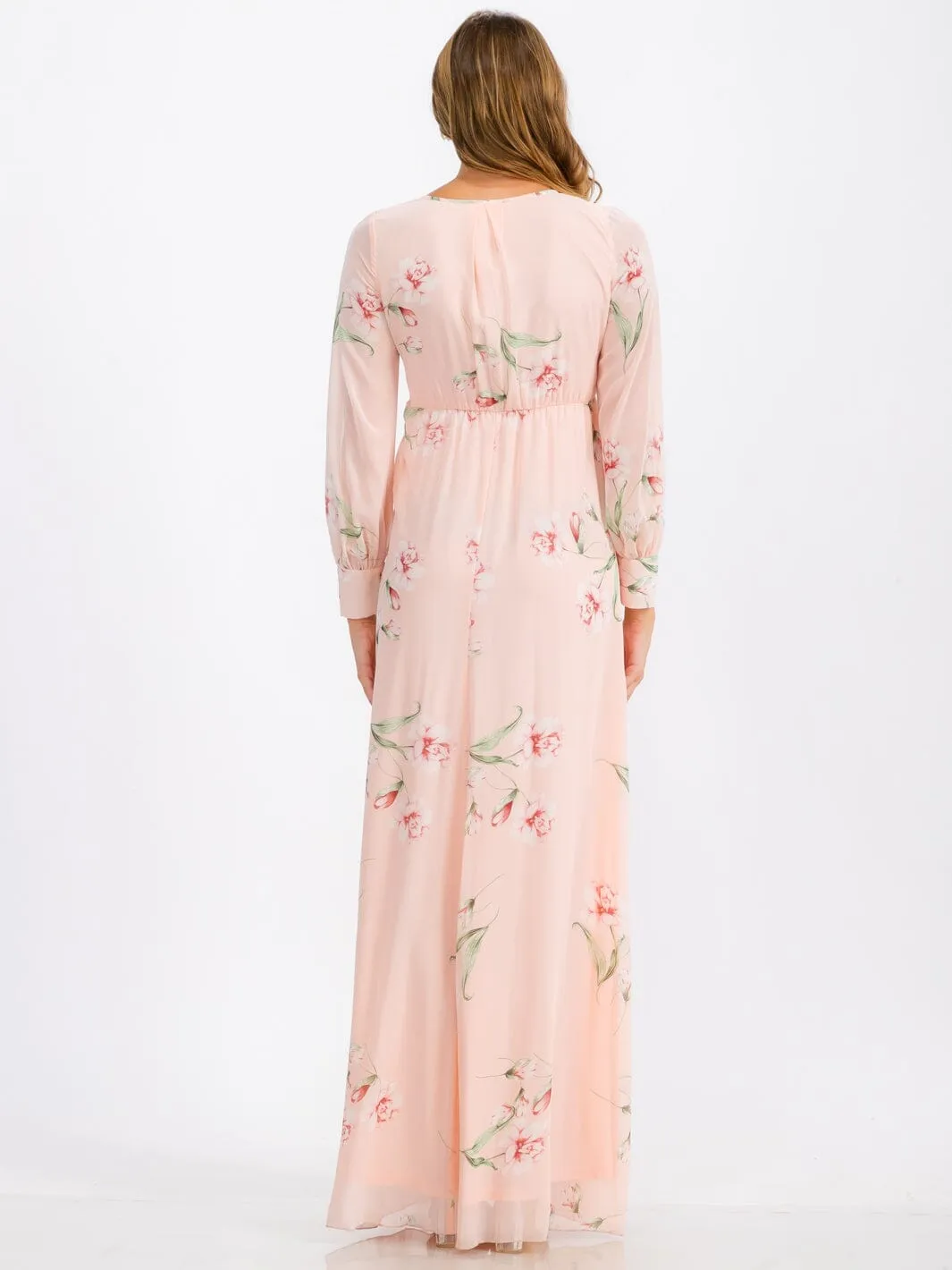 WOMEN'S LONG SLEEVE SURPLICE SELF TIE FLORAL MAXI DRESS