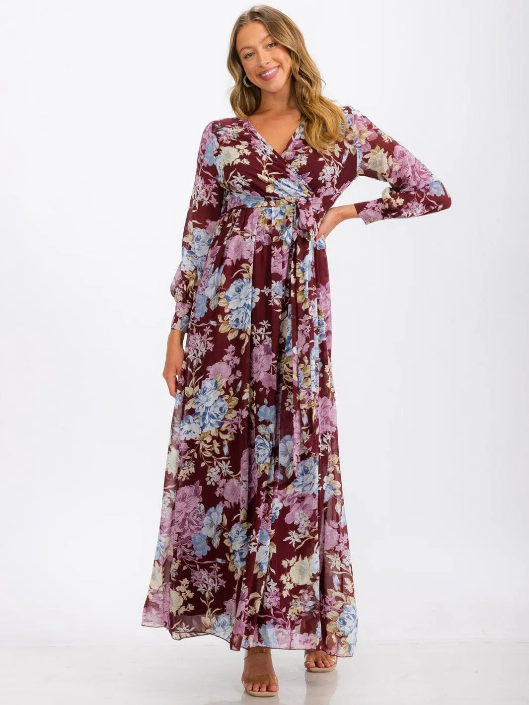 WOMEN'S LONG SLEEVE SURPLICE SELF TIE FLORAL MAXI DRESS
