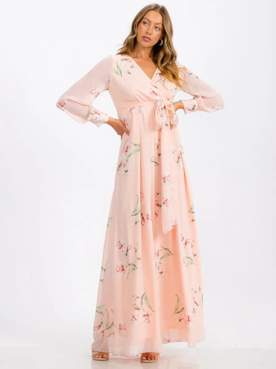 WOMEN'S LONG SLEEVE SURPLICE SELF TIE FLORAL MAXI DRESS