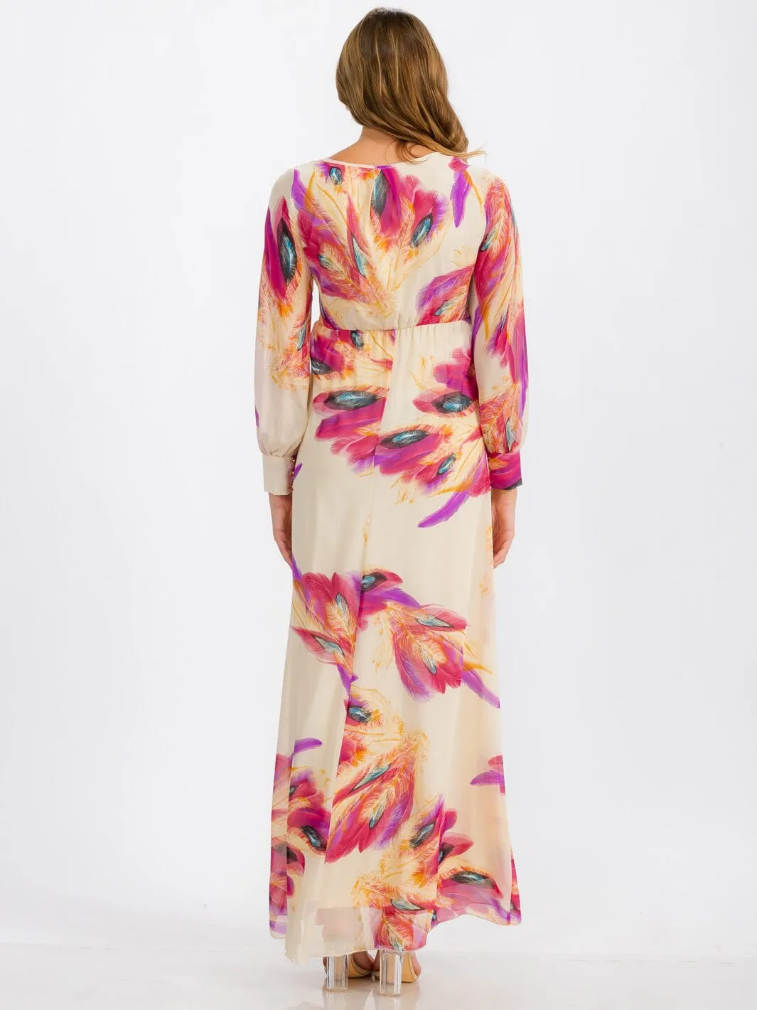 WOMEN'S LONG SLEEVE SURPLICE SELF TIE FLORAL MAXI DRESS