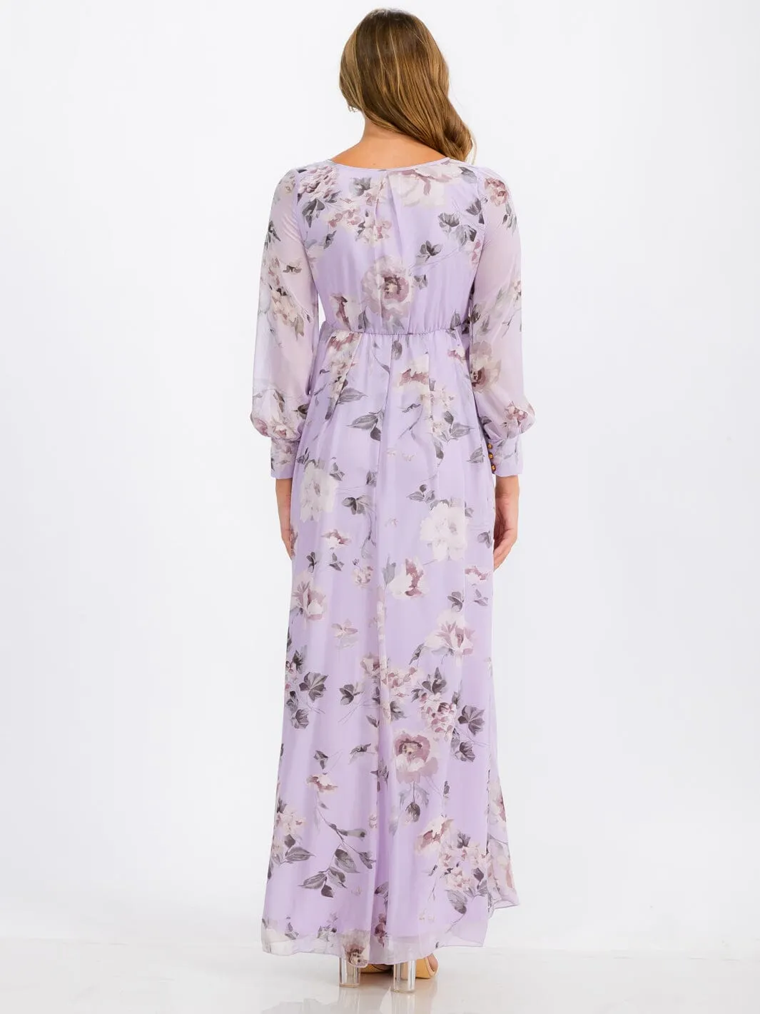 WOMEN'S LONG SLEEVE SURPLICE SELF TIE FLORAL MAXI DRESS