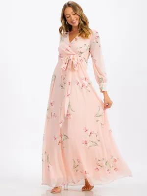 WOMEN'S LONG SLEEVE SURPLICE SELF TIE FLORAL MAXI DRESS