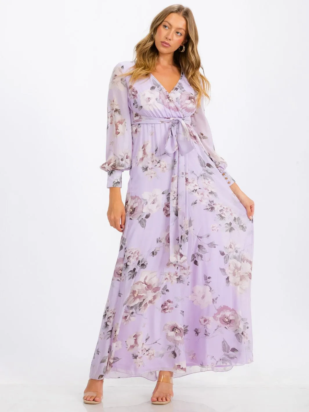 WOMEN'S LONG SLEEVE SURPLICE SELF TIE FLORAL MAXI DRESS