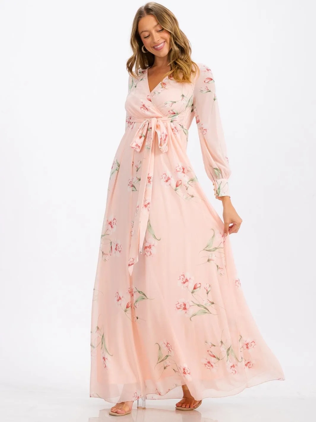 WOMEN'S LONG SLEEVE SURPLICE SELF TIE FLORAL MAXI DRESS