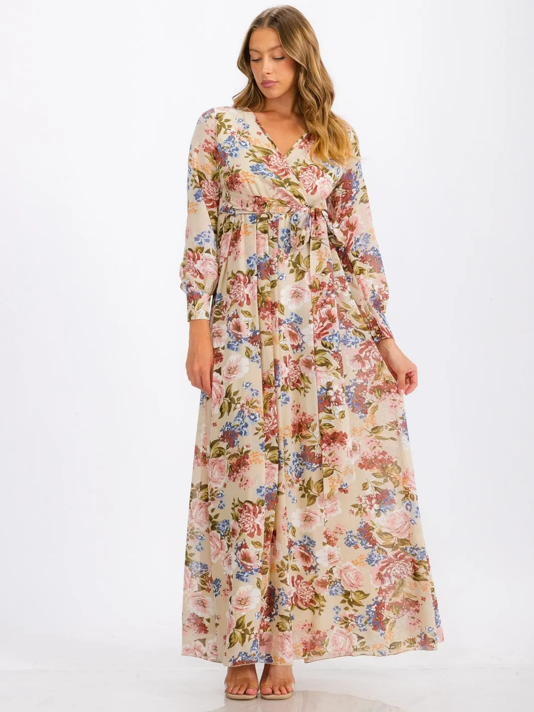 WOMEN'S LONG SLEEVE SURPLICE SELF TIE FLORAL MAXI DRESS