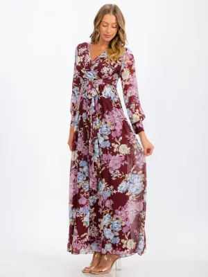 WOMEN'S LONG SLEEVE SURPLICE SELF TIE FLORAL MAXI DRESS