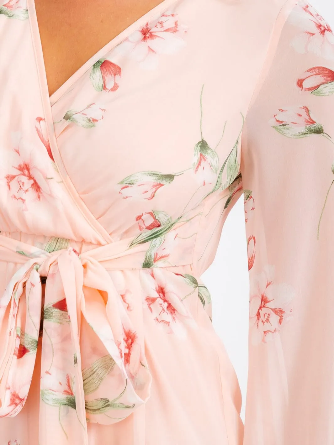 WOMEN'S LONG SLEEVE SURPLICE SELF TIE FLORAL MAXI DRESS