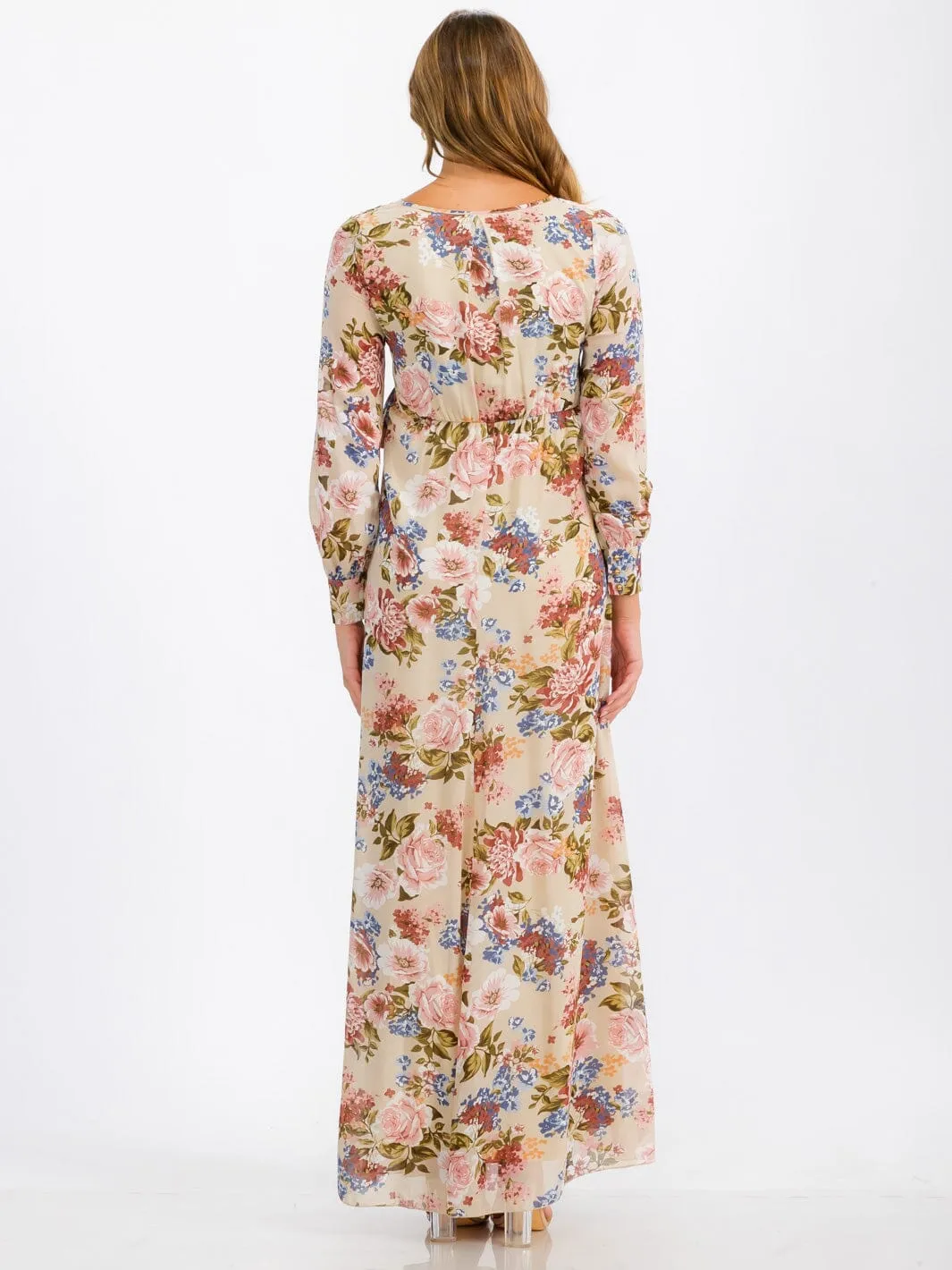 WOMEN'S LONG SLEEVE SURPLICE SELF TIE FLORAL MAXI DRESS