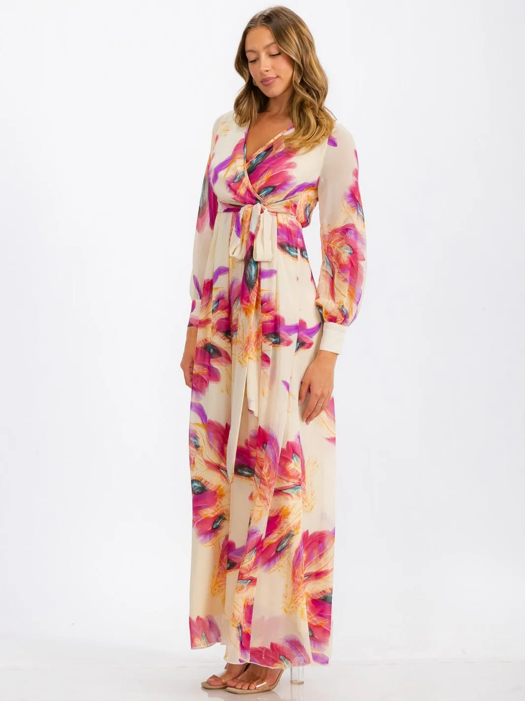 WOMEN'S LONG SLEEVE SURPLICE SELF TIE FLORAL MAXI DRESS