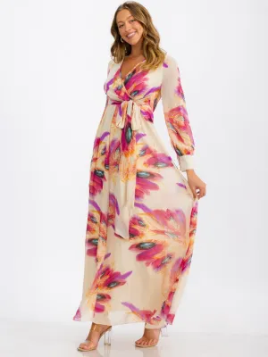 WOMEN'S LONG SLEEVE SURPLICE SELF TIE FLORAL MAXI DRESS