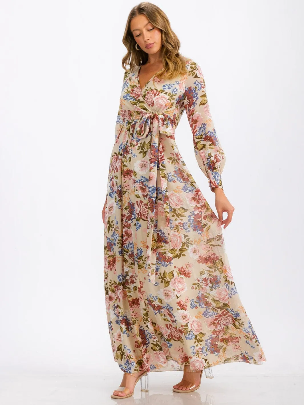 WOMEN'S LONG SLEEVE SURPLICE SELF TIE FLORAL MAXI DRESS