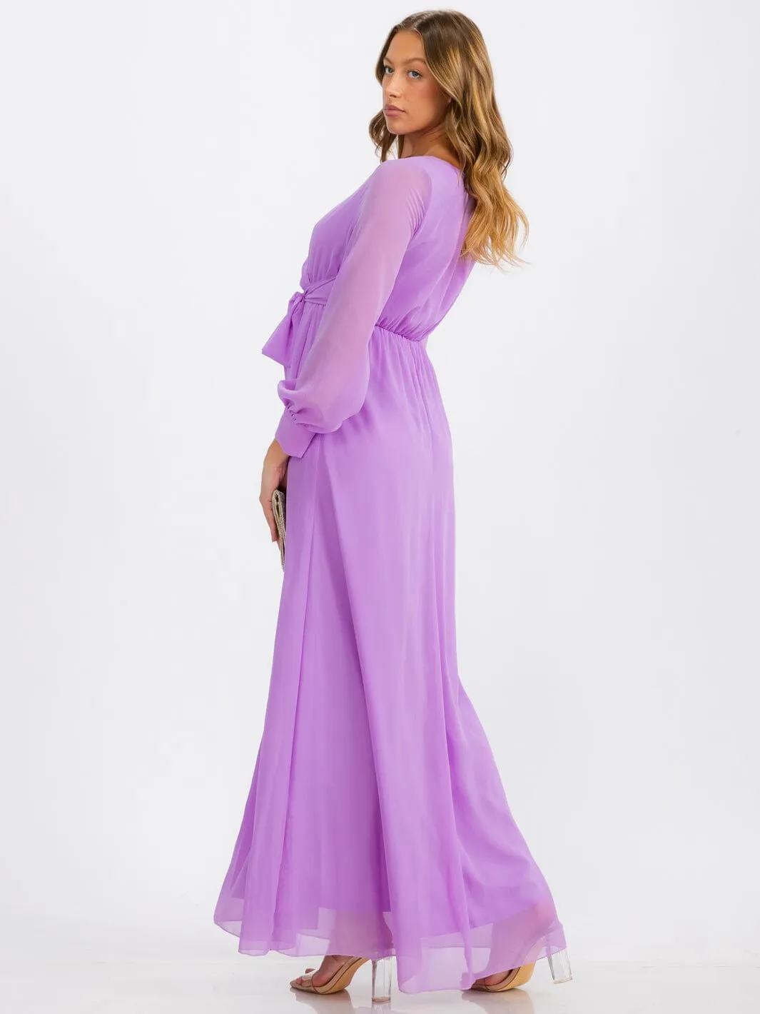 WOMEN'S LONG SLEEVE SURPLICE SELF TIE MAXI DRESS