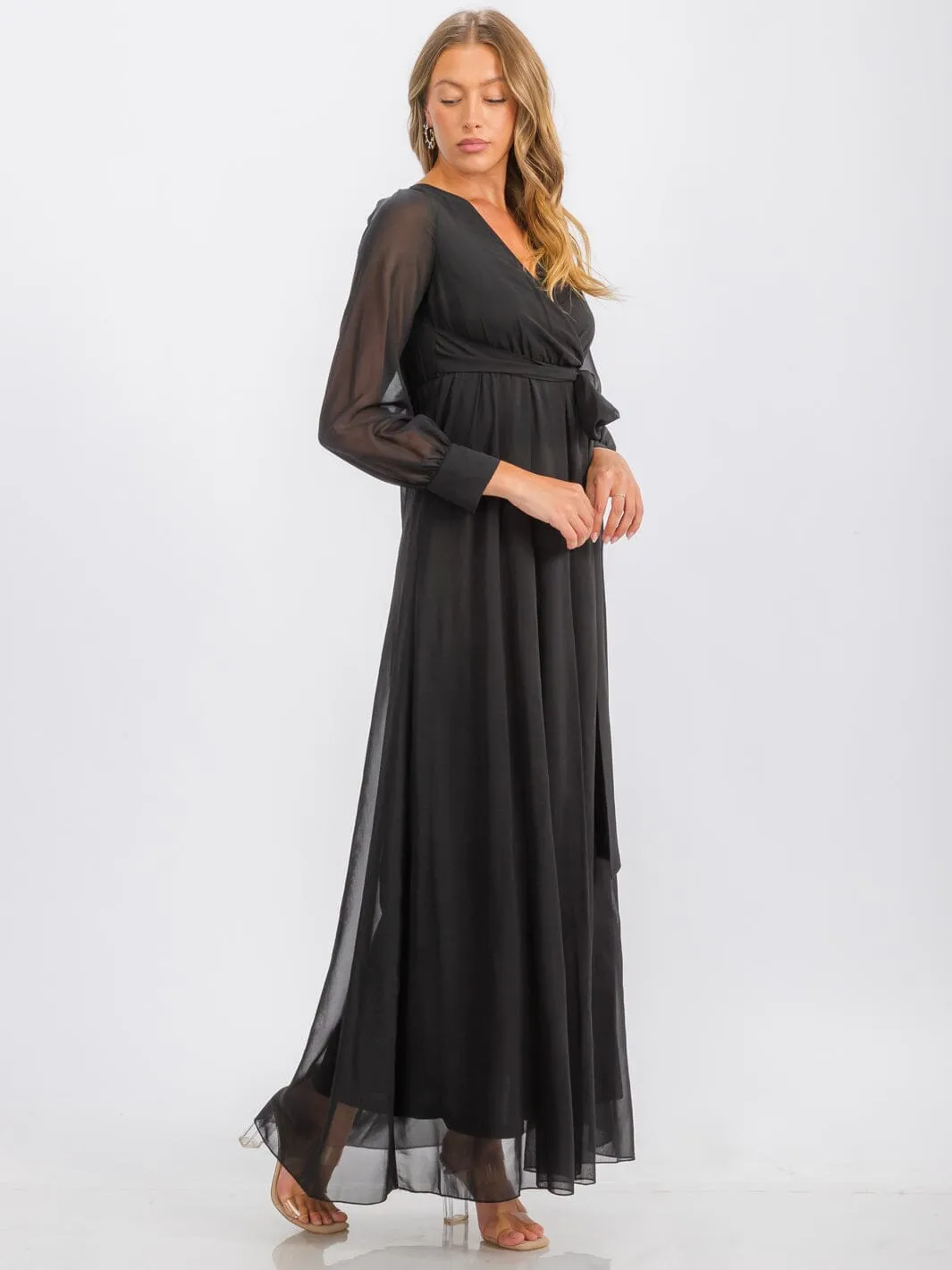WOMEN'S LONG SLEEVE SURPLICE SELF TIE MAXI DRESS