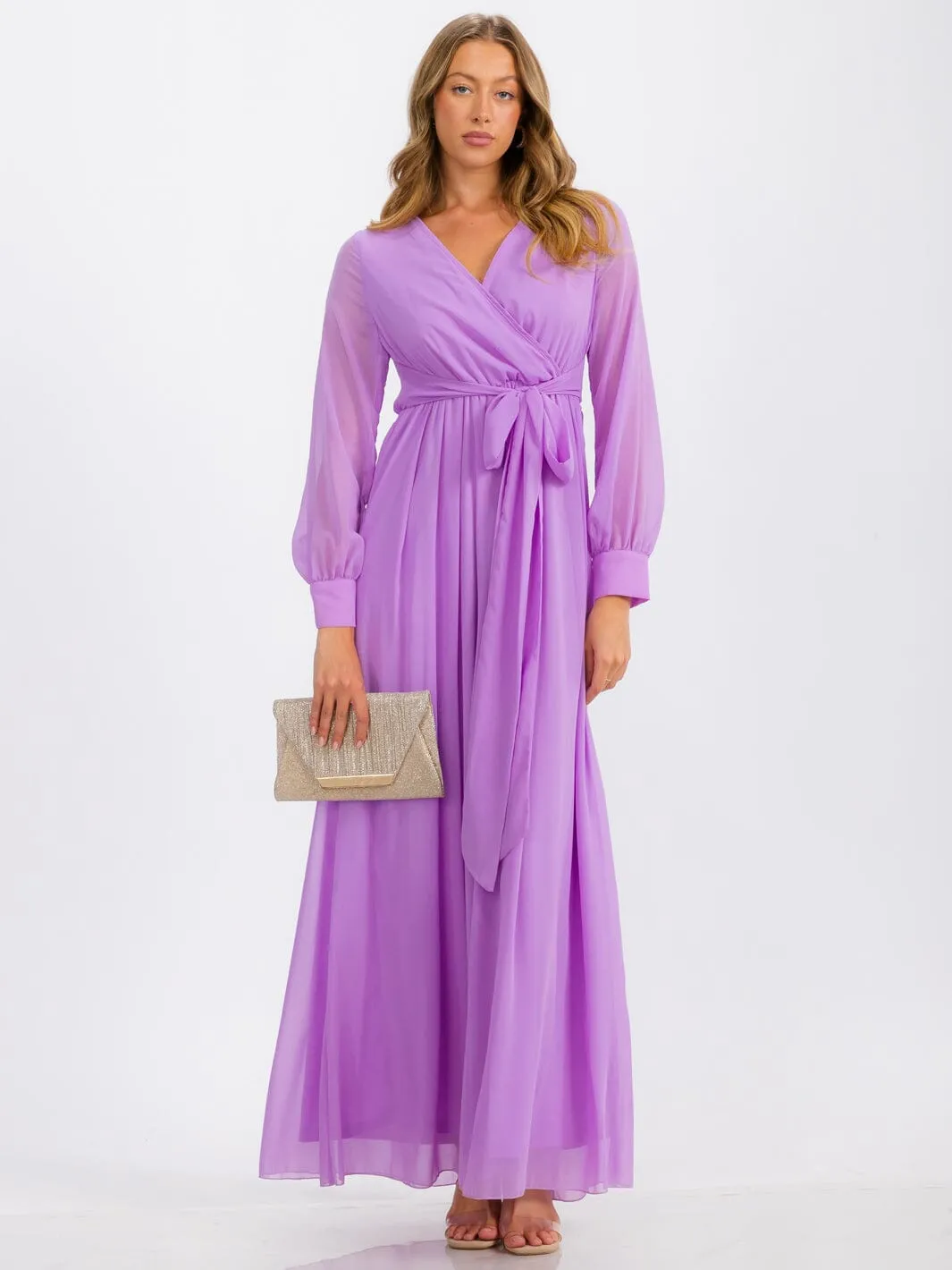 WOMEN'S LONG SLEEVE SURPLICE SELF TIE MAXI DRESS