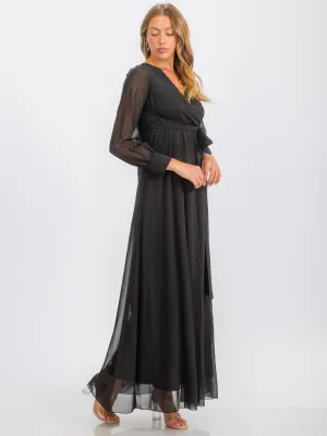 WOMEN'S LONG SLEEVE SURPLICE SELF TIE MAXI DRESS