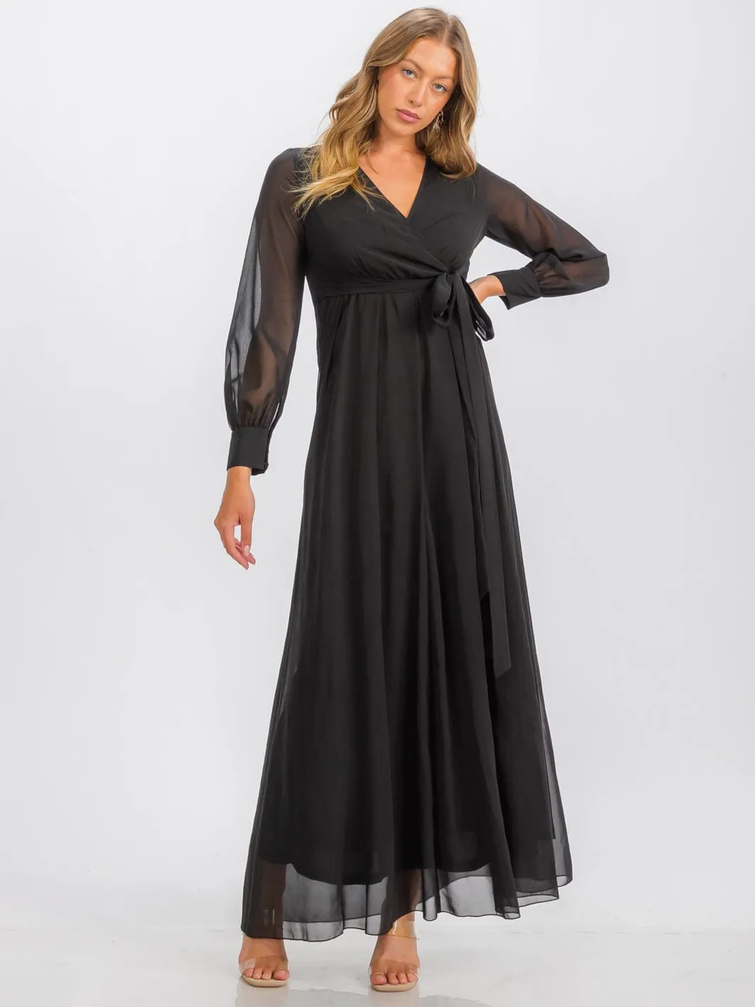 WOMEN'S LONG SLEEVE SURPLICE SELF TIE MAXI DRESS