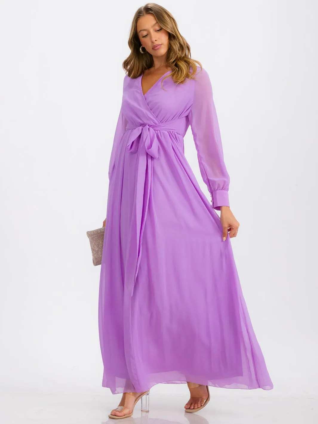 WOMEN'S LONG SLEEVE SURPLICE SELF TIE MAXI DRESS