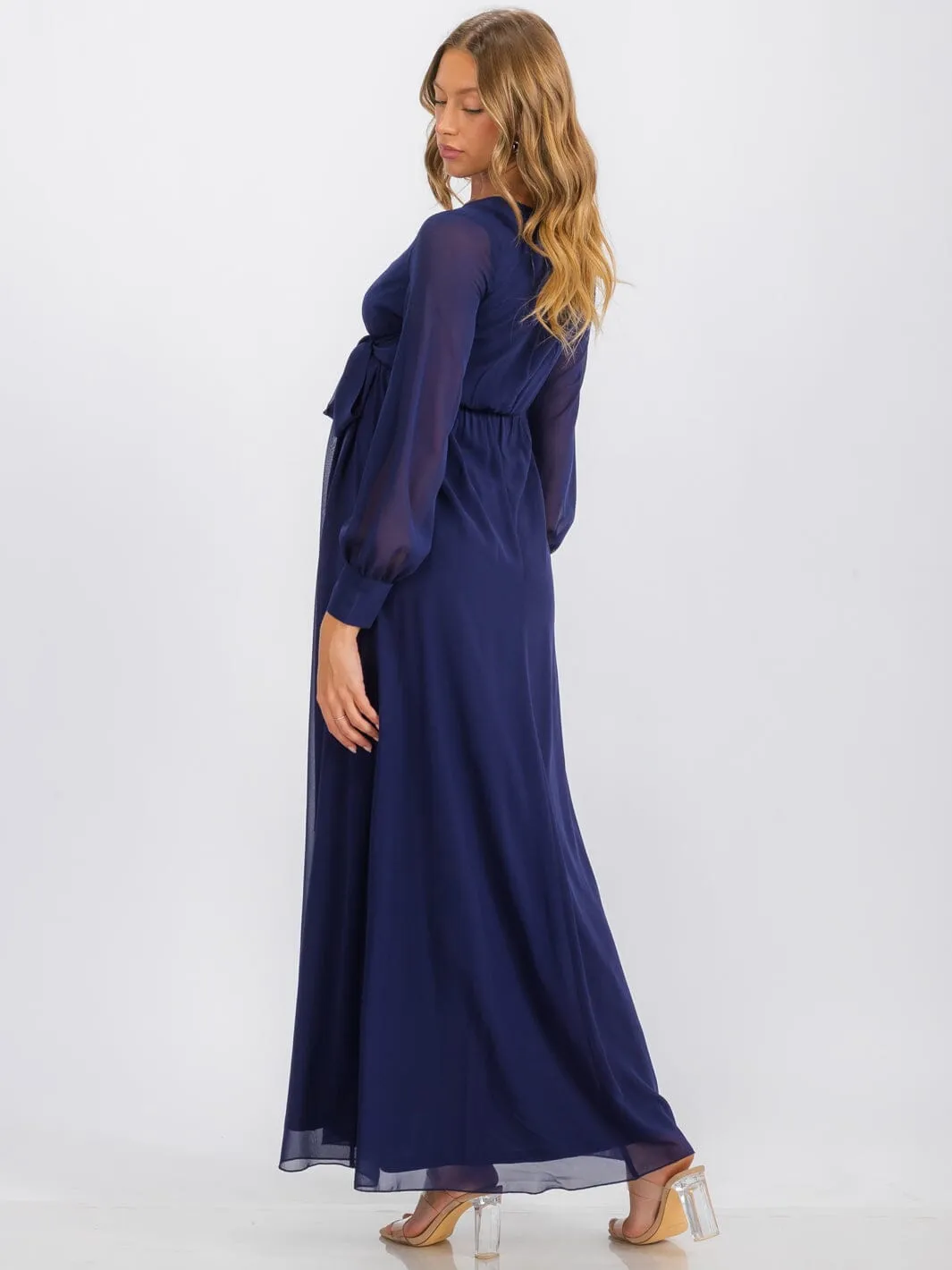 WOMEN'S LONG SLEEVE SURPLICE SELF TIE MAXI DRESS