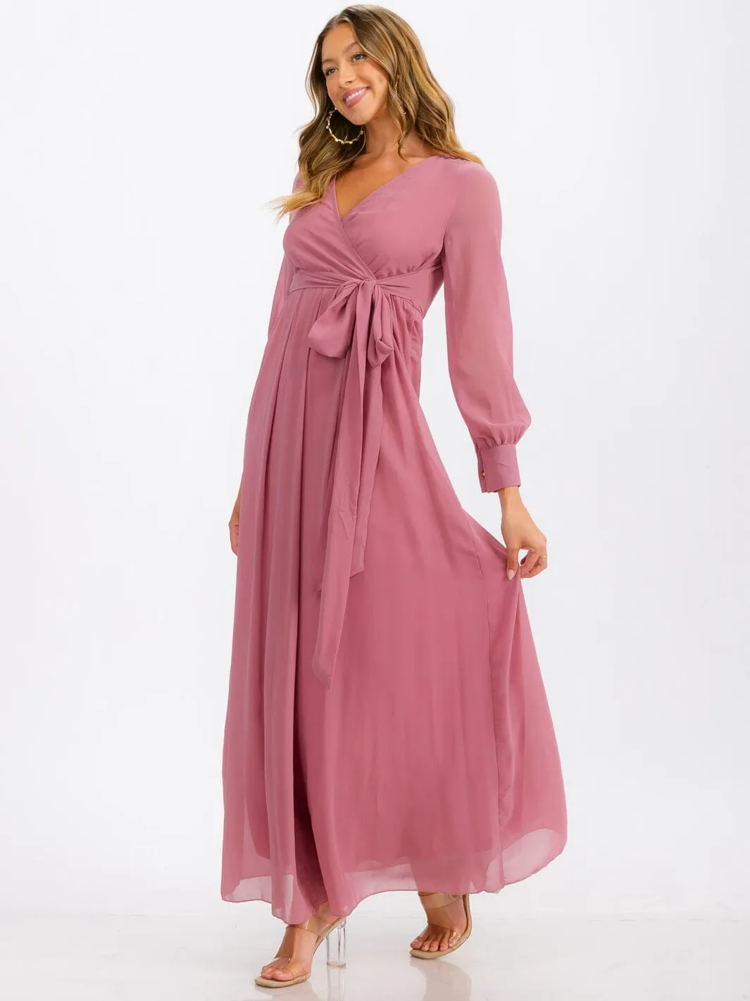 WOMEN'S LONG SLEEVE SURPLICE SELF TIE MAXI DRESS