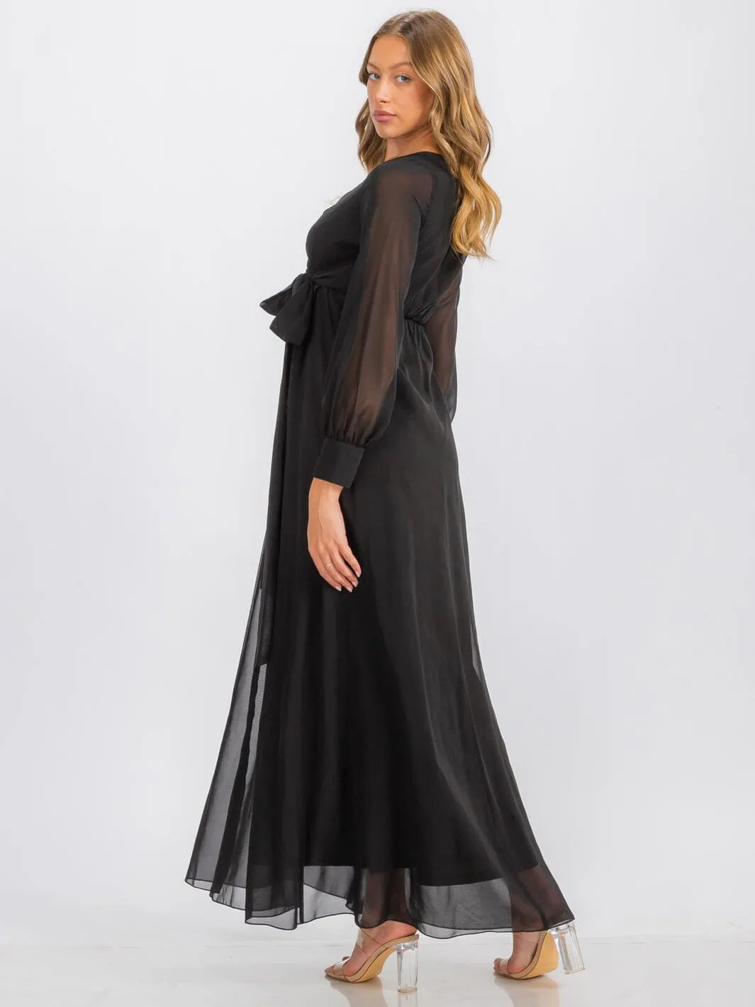 WOMEN'S LONG SLEEVE SURPLICE SELF TIE MAXI DRESS