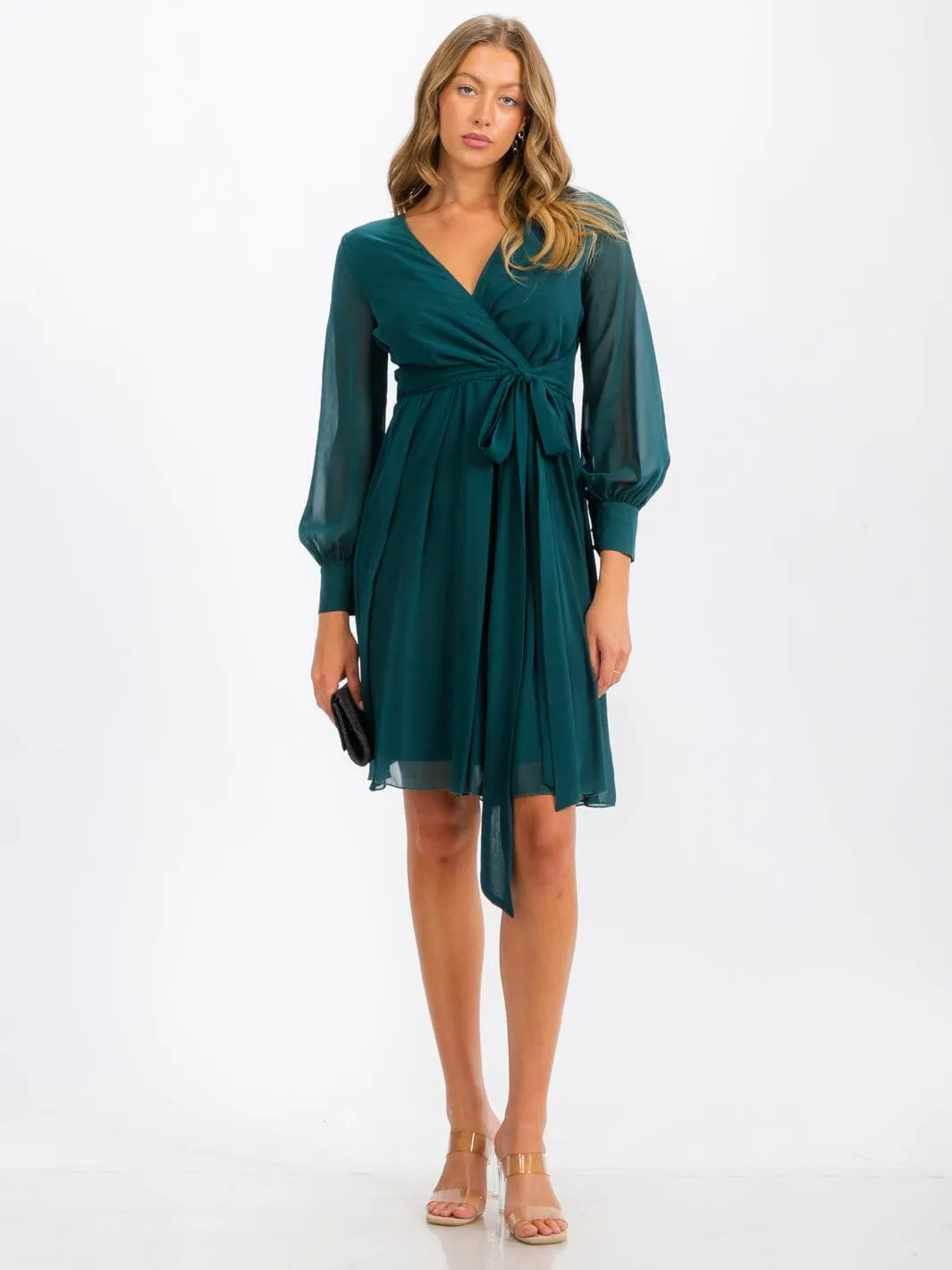 WOMEN'S LONG SLEEVE SURPLICE SELF TIE MINI DRESS