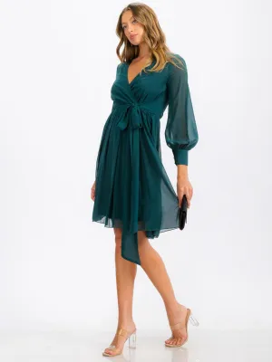 WOMEN'S LONG SLEEVE SURPLICE SELF TIE MINI DRESS