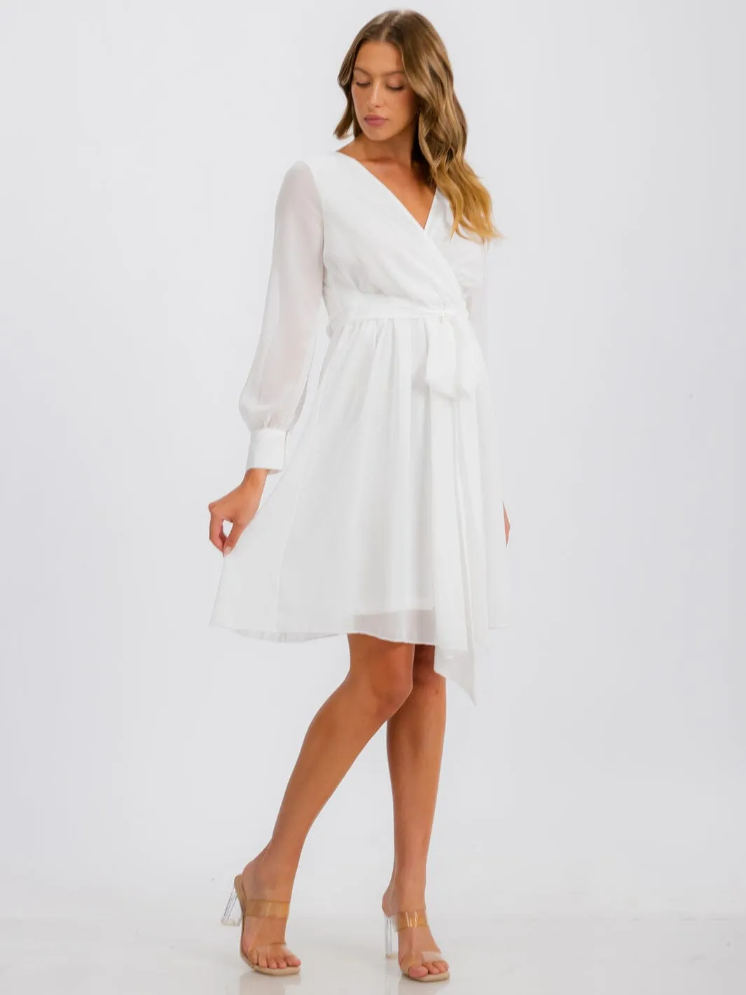 WOMEN'S LONG SLEEVE SURPLICE SELF TIE MINI DRESS