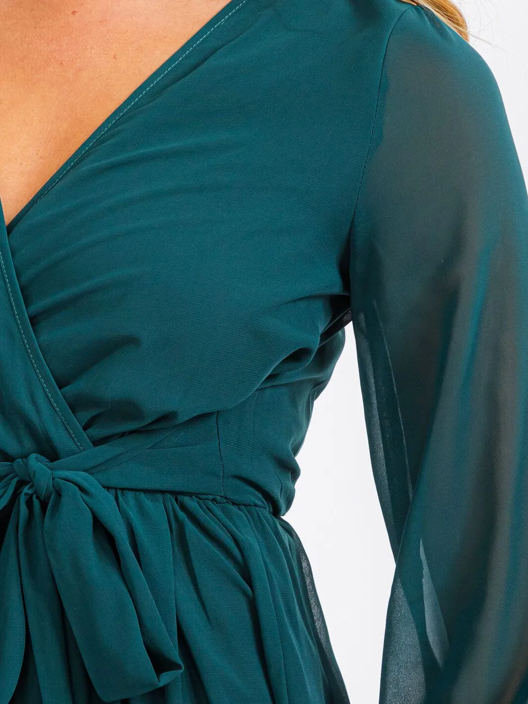 WOMEN'S LONG SLEEVE SURPLICE SELF TIE MINI DRESS