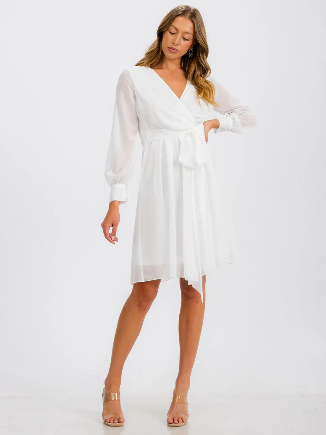 WOMEN'S LONG SLEEVE SURPLICE SELF TIE MINI DRESS