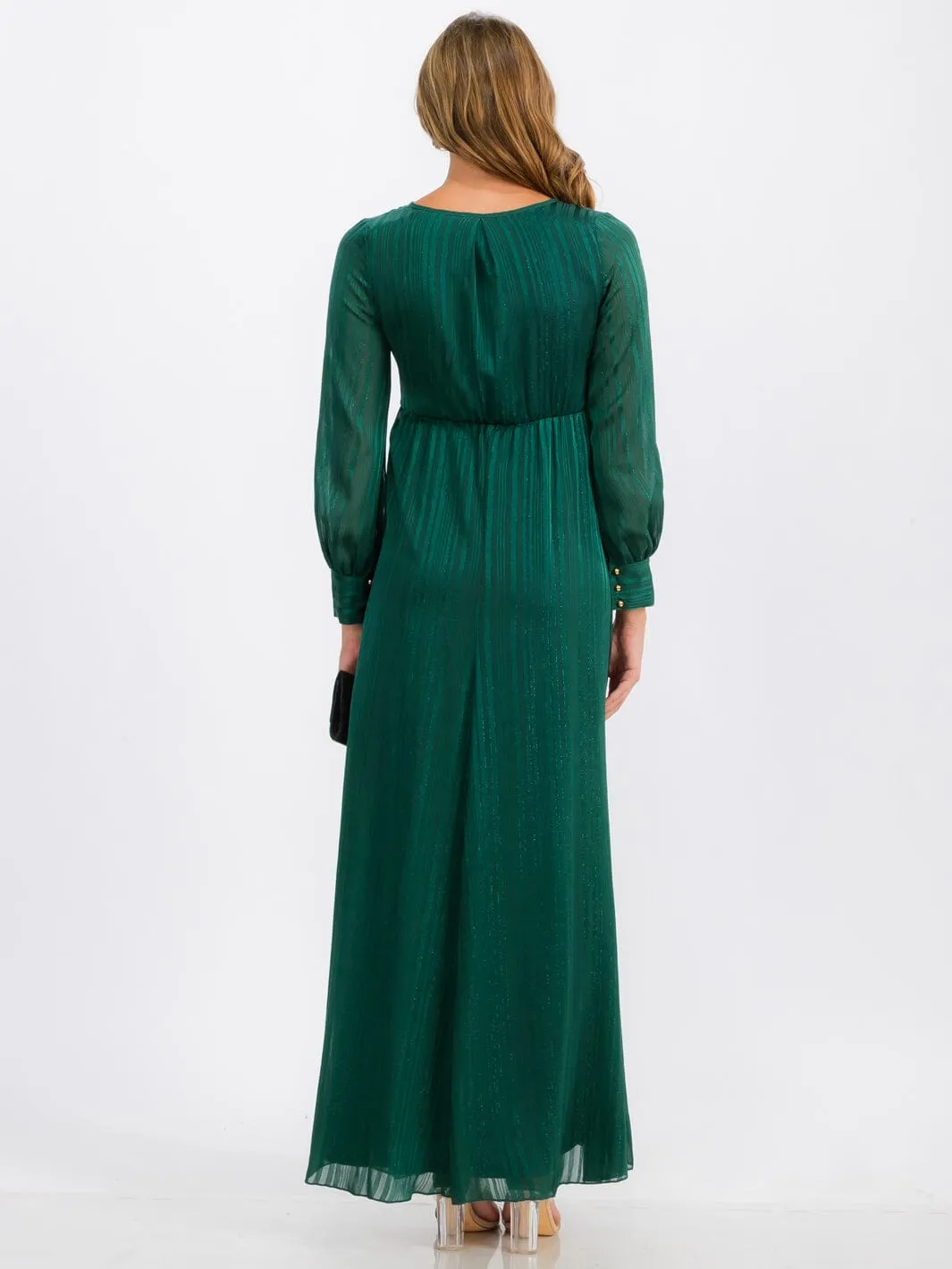 WOMEN'S LONG SLEEVE SURPLICE SELF TIE SHIMMER MAXI DRESS