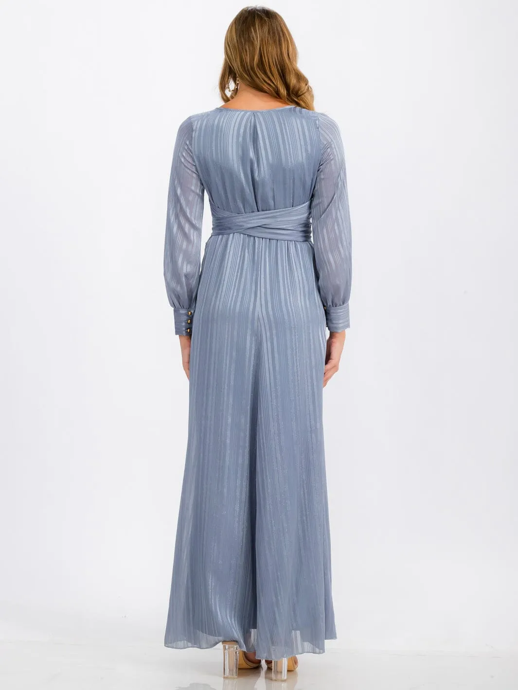 WOMEN'S LONG SLEEVE SURPLICE SELF TIE SHIMMER MAXI DRESS