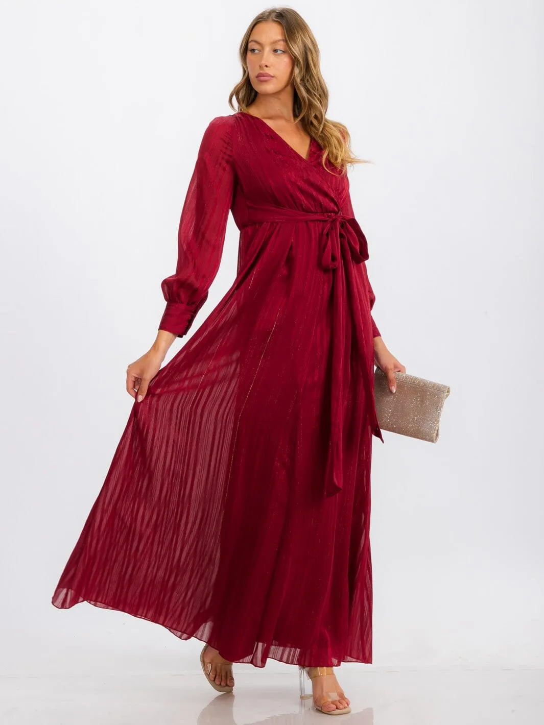 WOMEN'S LONG SLEEVE SURPLICE SELF TIE SHIMMER MAXI DRESS