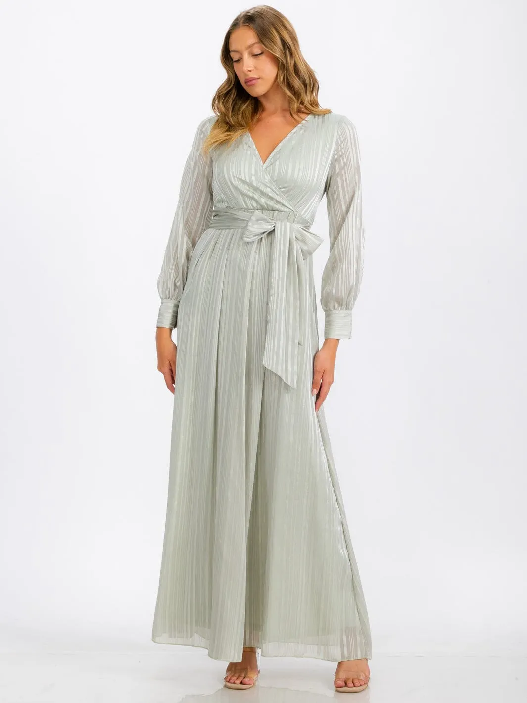 WOMEN'S LONG SLEEVE SURPLICE SELF TIE SHIMMER MAXI DRESS