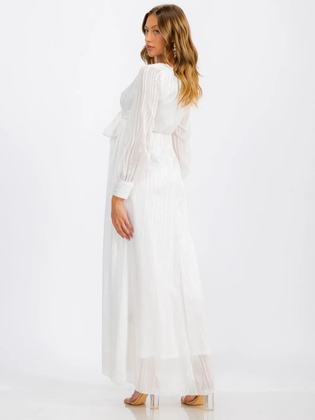 WOMEN'S LONG SLEEVE SURPLICE SELF TIE SHIMMER MAXI DRESS