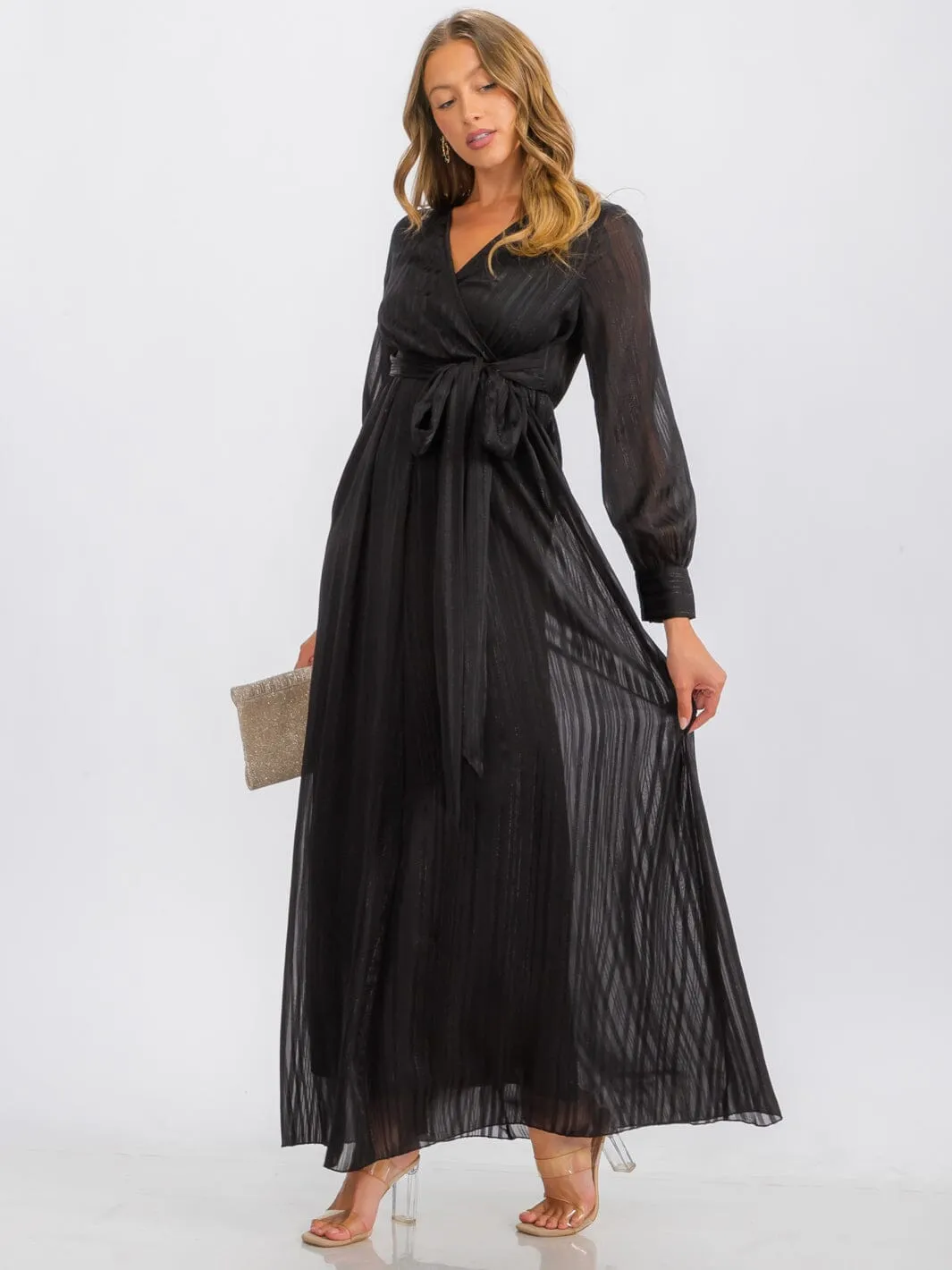 WOMEN'S LONG SLEEVE SURPLICE SELF TIE SHIMMER MAXI DRESS