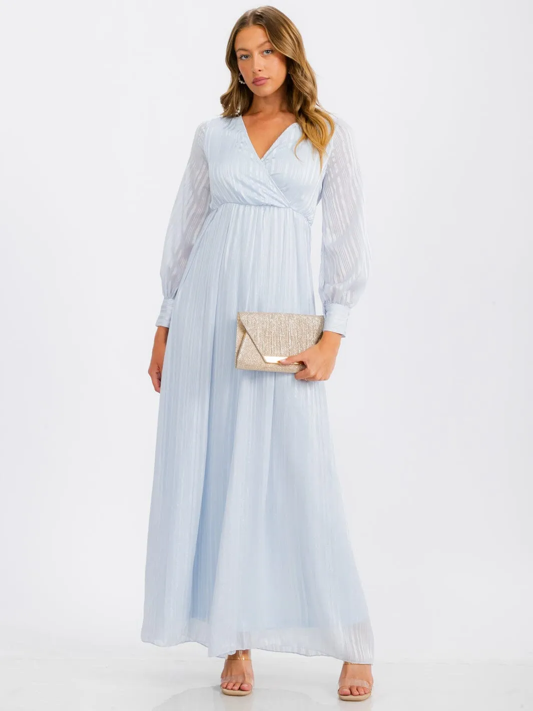 WOMEN'S LONG SLEEVE SURPLICE SELF TIE SHIMMER MAXI DRESS