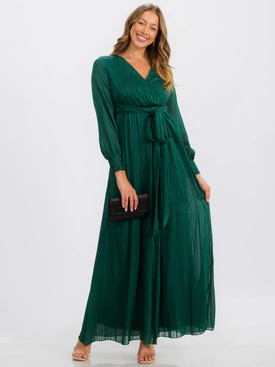 WOMEN'S LONG SLEEVE SURPLICE SELF TIE SHIMMER MAXI DRESS