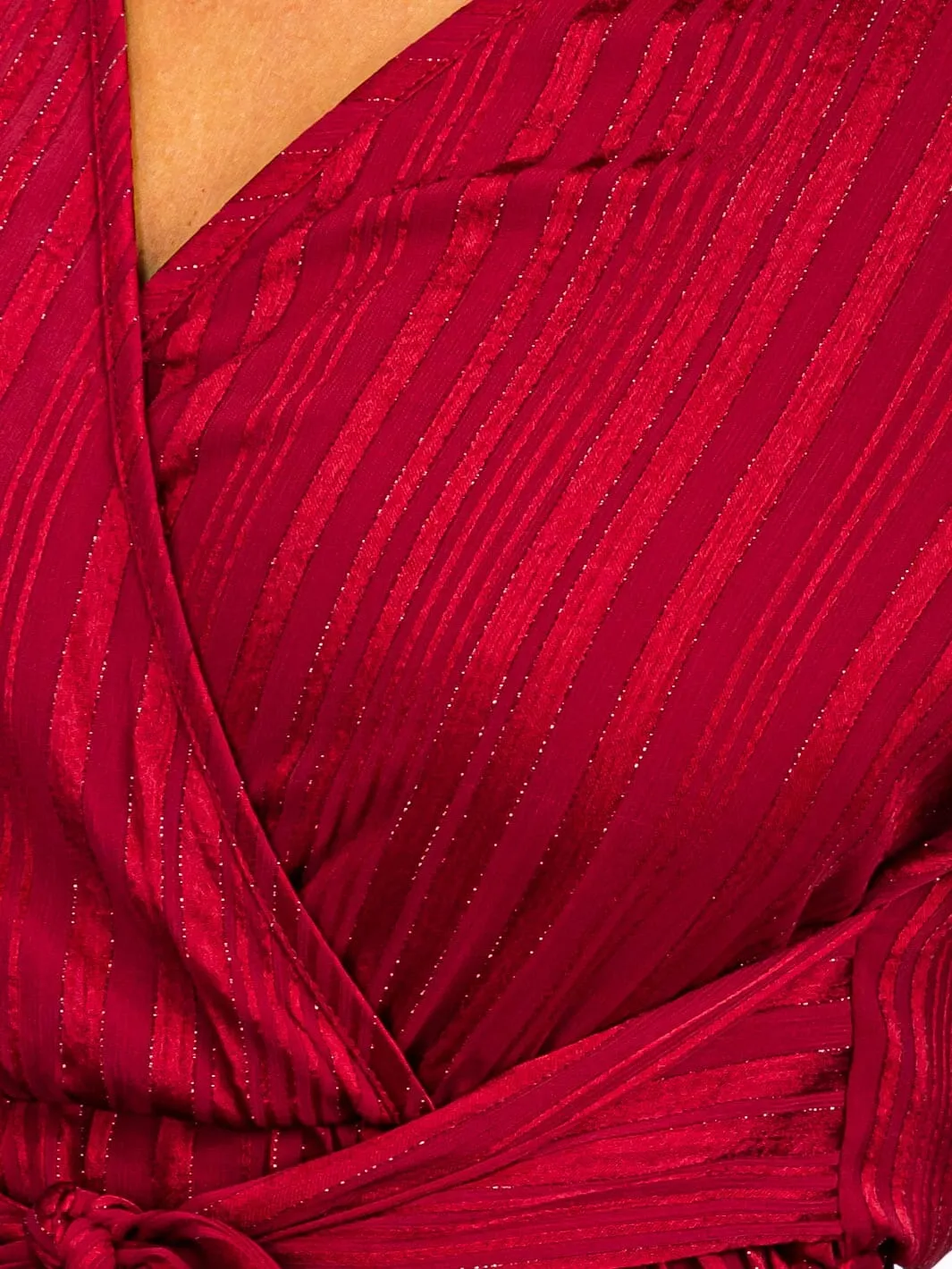 WOMEN'S LONG SLEEVE SURPLICE SELF TIE SHIMMER MAXI DRESS