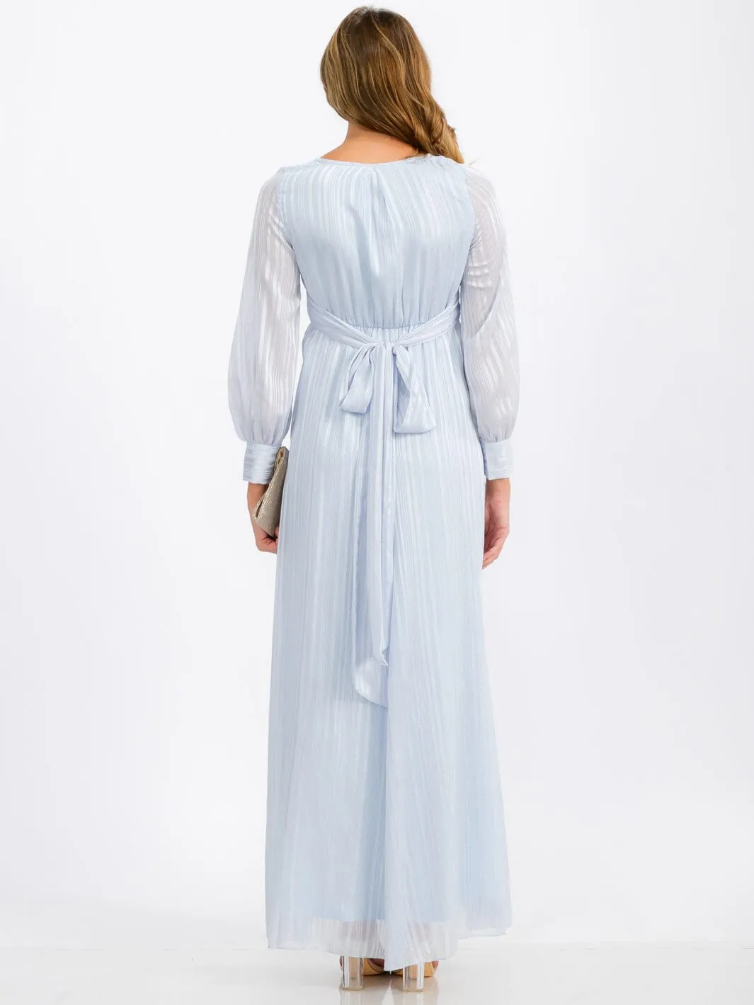 WOMEN'S LONG SLEEVE SURPLICE SELF TIE SHIMMER MAXI DRESS