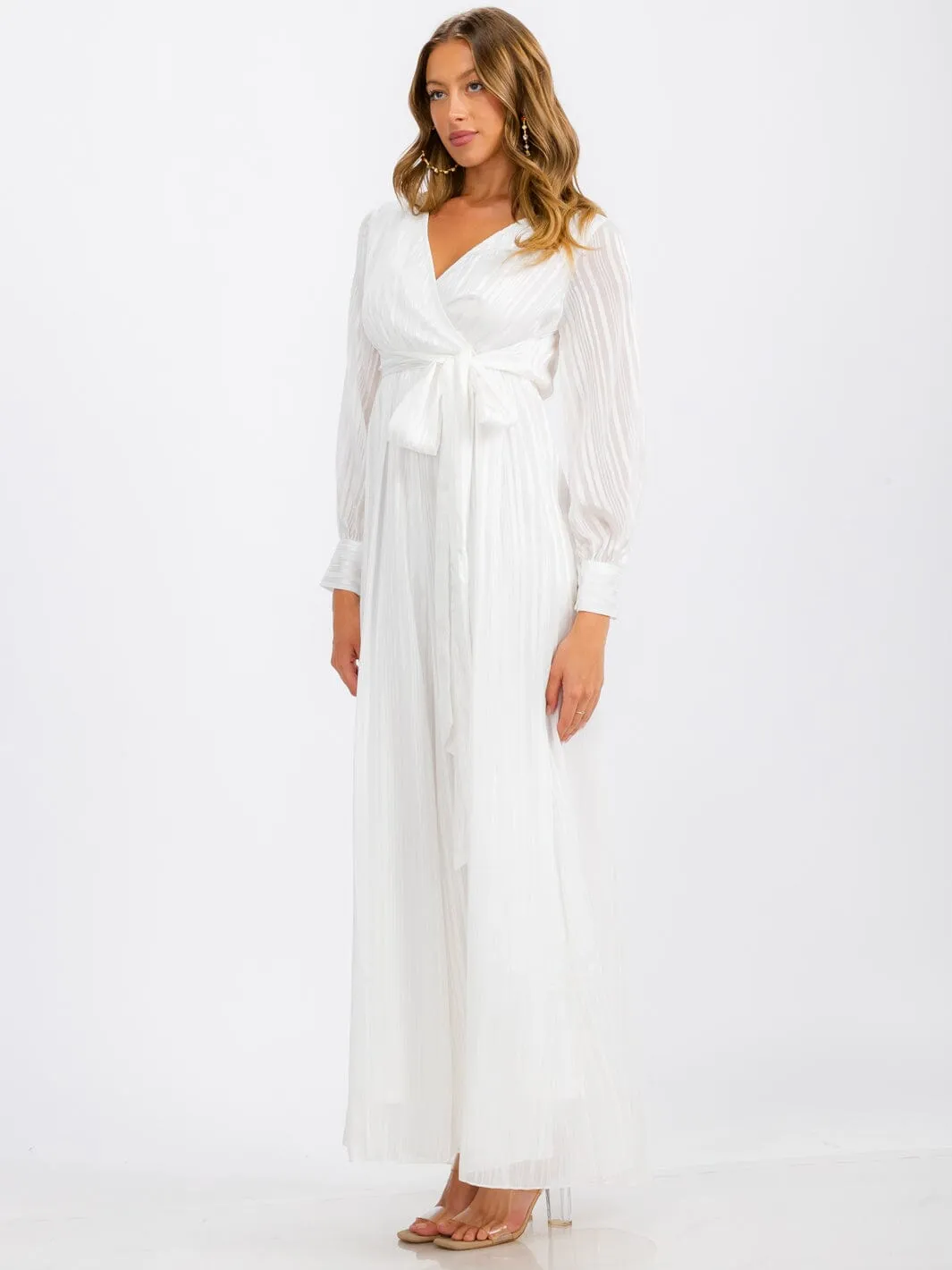WOMEN'S LONG SLEEVE SURPLICE SELF TIE SHIMMER MAXI DRESS
