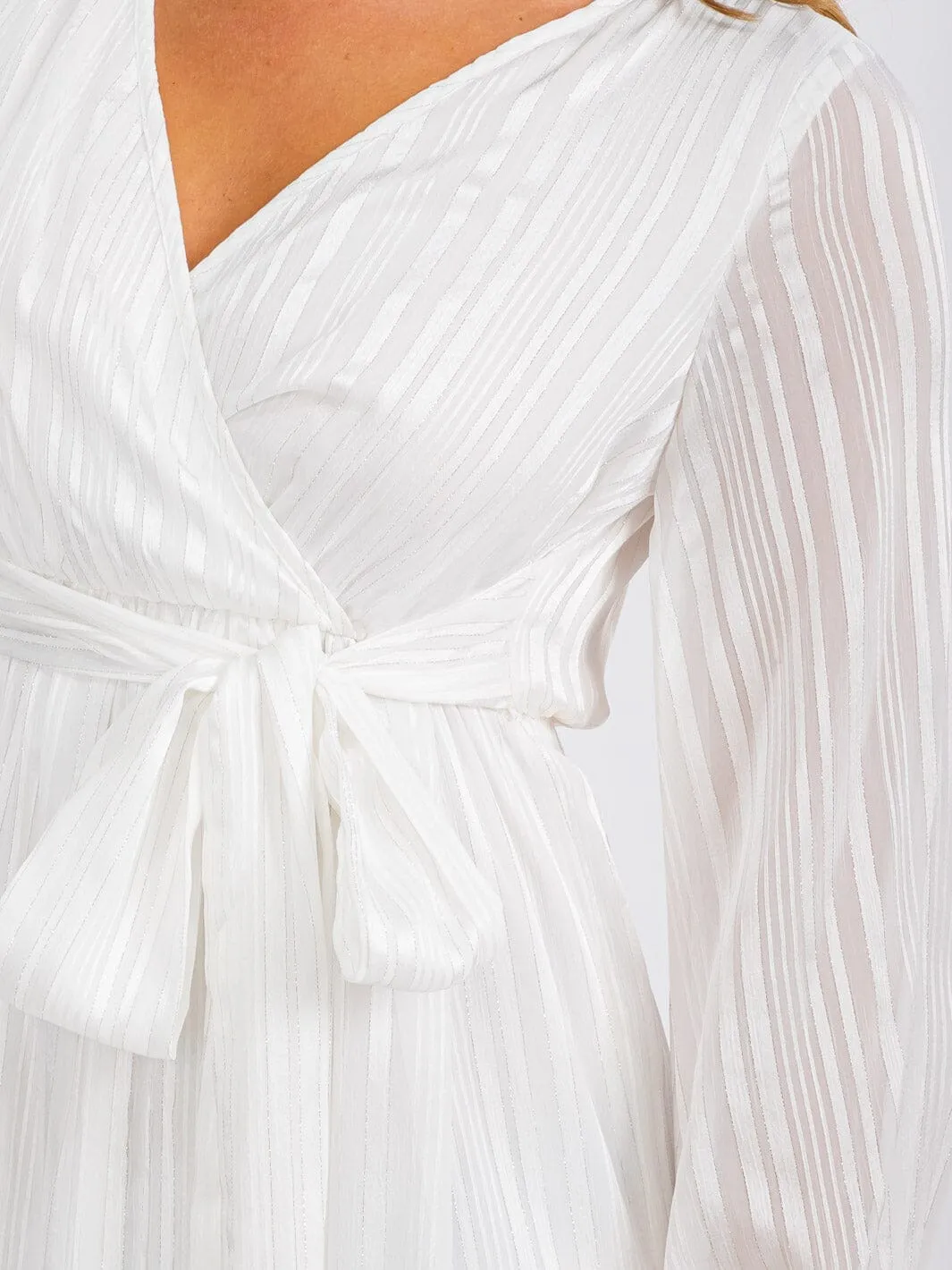 WOMEN'S LONG SLEEVE SURPLICE SELF TIE SHIMMER MAXI DRESS
