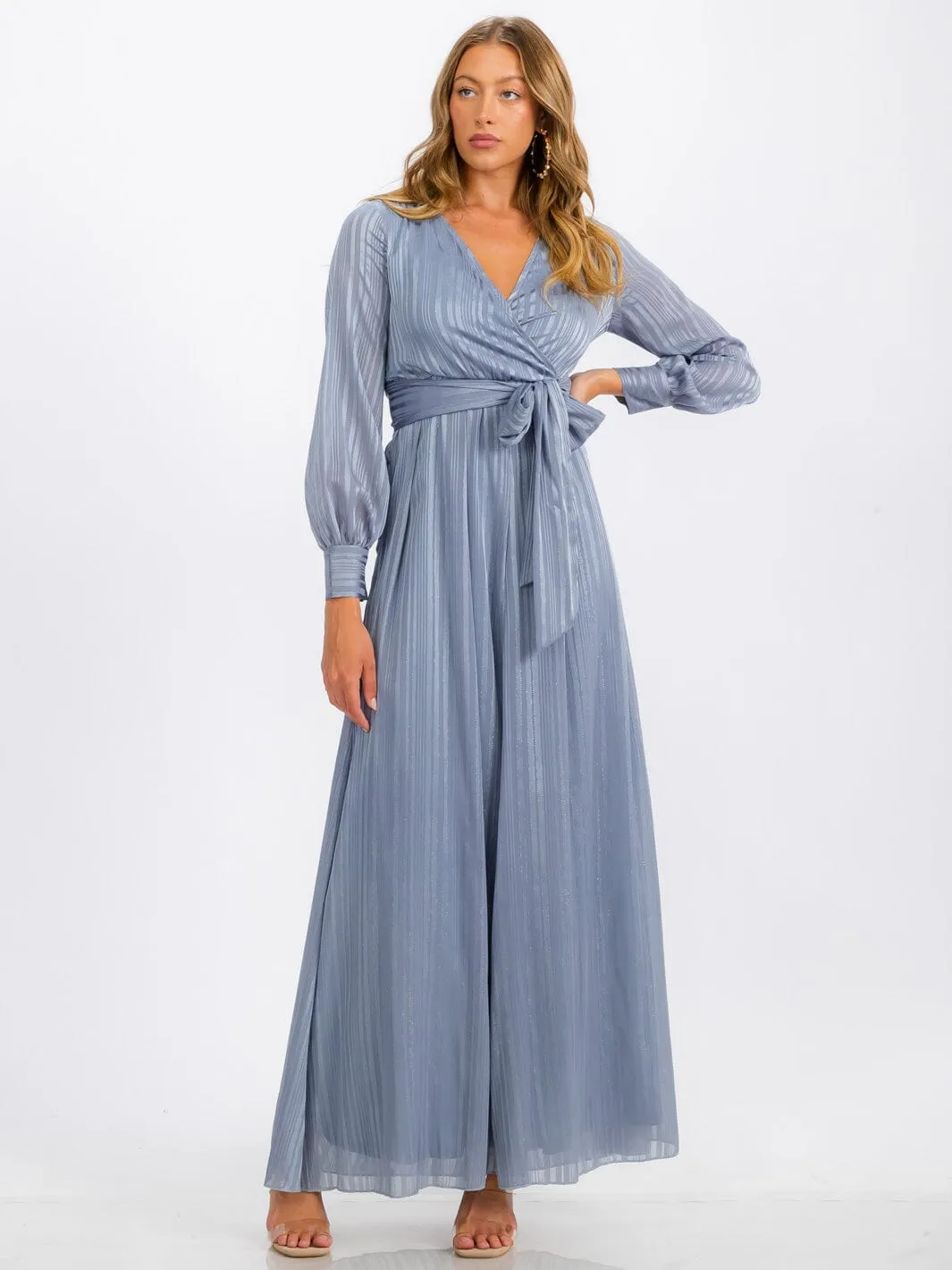 WOMEN'S LONG SLEEVE SURPLICE SELF TIE SHIMMER MAXI DRESS