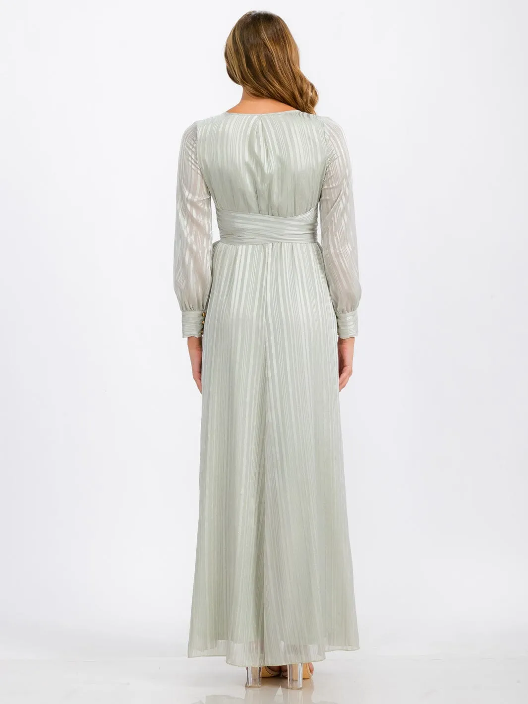 WOMEN'S LONG SLEEVE SURPLICE SELF TIE SHIMMER MAXI DRESS
